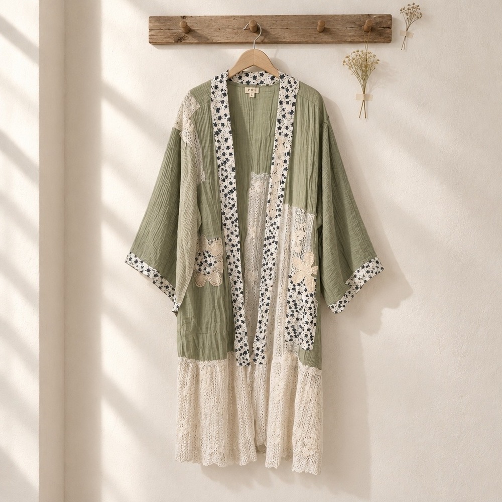 POL Clothing Patchwork Lace Kimono Cardigan Sage Green Floral Gauze Duster L 1X